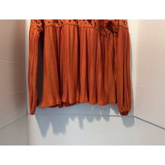 Express Blouse Small Rust Orange Crochet Lace Pleated Long Sleeve Boho Top Peasa - Picture 14 of 14